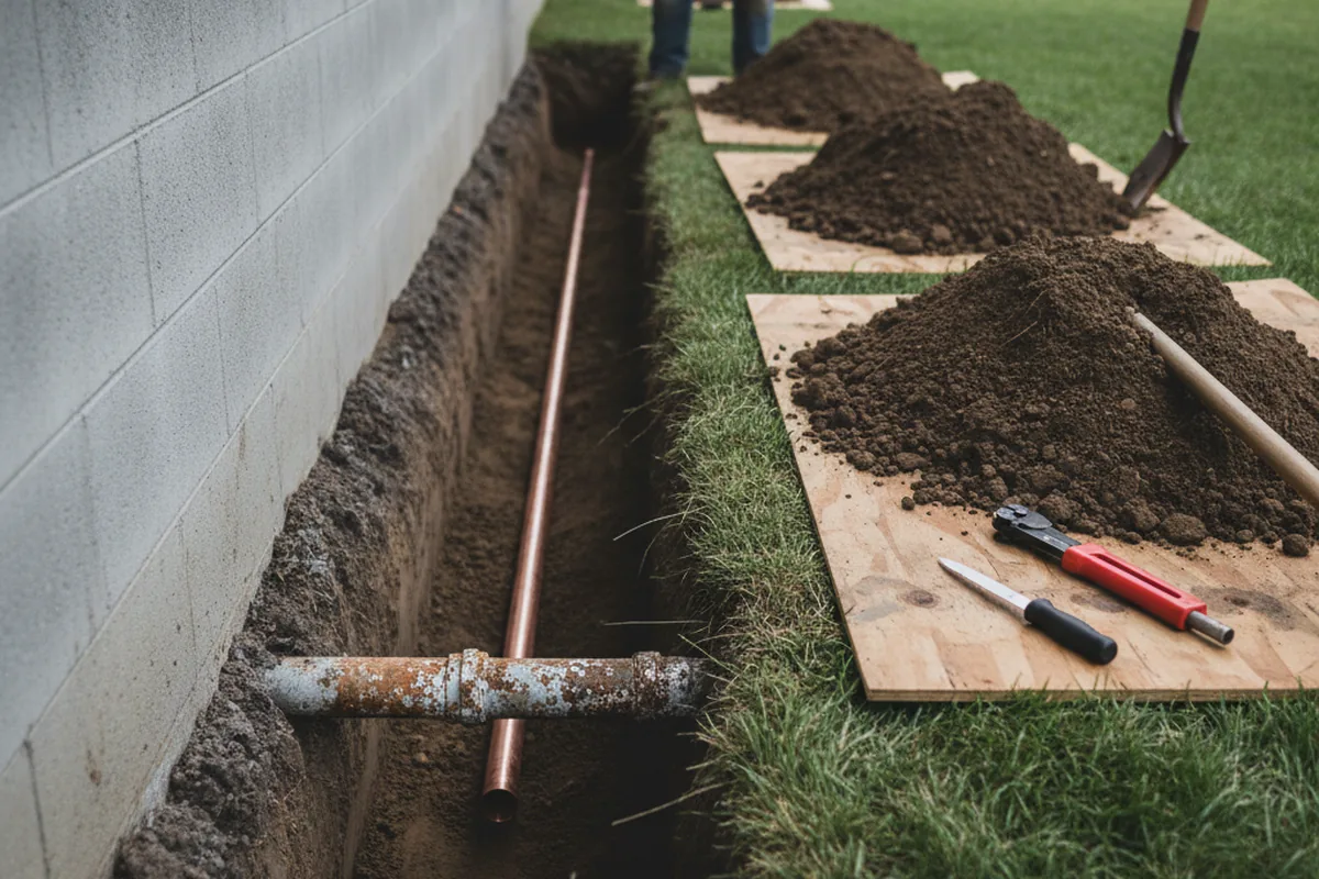Excavated water line trench during Water Softener Installation in Joffre